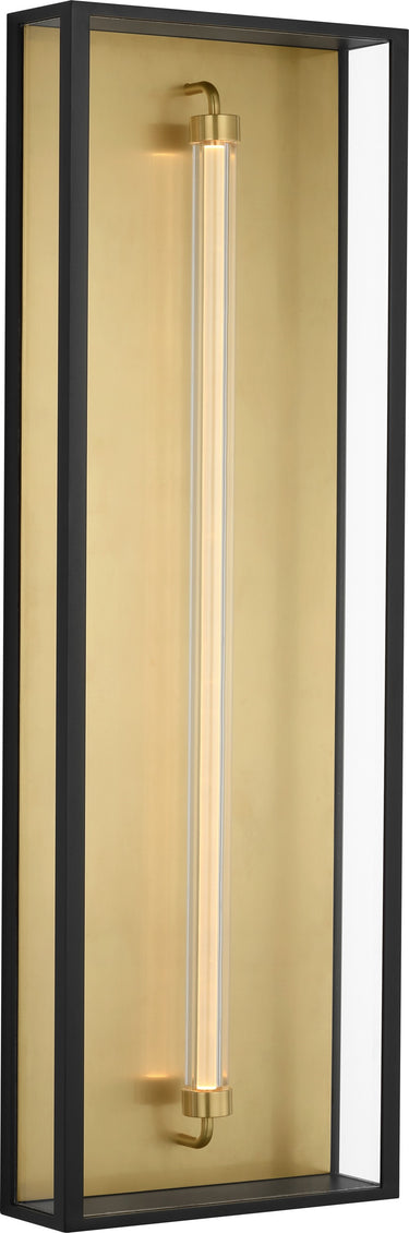 Enferme 36 Outdoor Wall Lantern by Sean Lavin in Outdoor Black, lit three-quarter view of the clear glass lantern with its inner LED tube