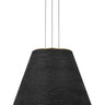 Karam Tapered Medium Pendant by Sean Lavin in Black with a Natural Brass canopy, full view of the tapered ceramic shade hanging from three cables