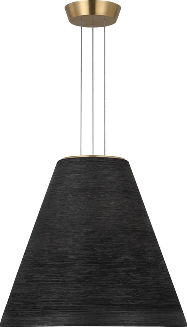 Karam Tapered Medium Pendant by Sean Lavin in Black with a Natural Brass canopy, full view of the tapered ceramic shade hanging from three cables