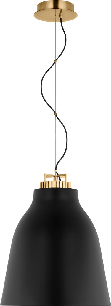 Forge Medium Tall Pendant by Sean Lavin in Matte Black with a Natural Brass canopy, full front view of the shade on its black cloth cord