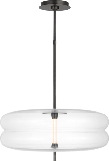 Shakkei Double X-Large Pendant by Sean Lavin in Clear Bronze, full front view of the lit pendant hanging from its stem and canopy