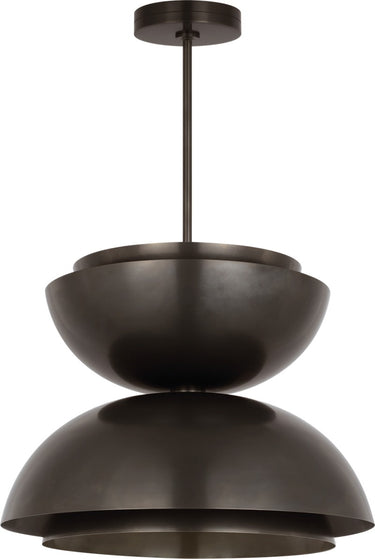 Shanti X-Large Double Asymmetric Pendant by Sean Lavin in Dark Bronze, full front view of the pendant hanging from its stem and canopy