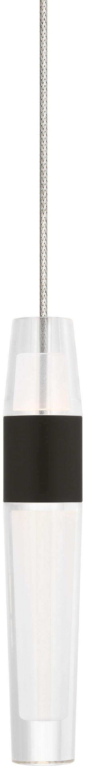 Lassell Mini Pendant by Sean Lavin in Dark Bronze, full view of the slim laser-etched crystal tube with its dark bronze band hanging on a thin cable