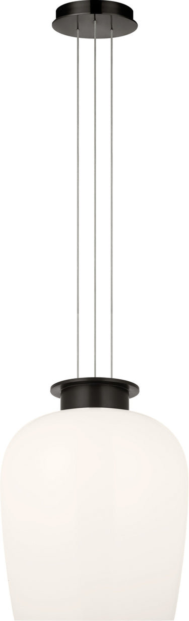 Vetro 27 Pendant by Sean Lavin in Bronze, full front view of the lit pendant hanging from its three cables and canopy