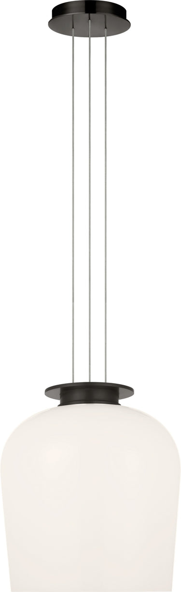 Vetro 13 Pendant by Sean Lavin in Bronze, full front view of the lit pendant hanging from its three cables and canopy