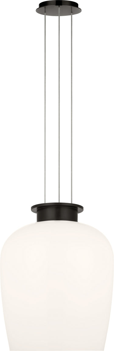 Vetro 21 Pendant by Sean Lavin in Bronze, full front view of the lit pendant hanging from its three cables and canopy