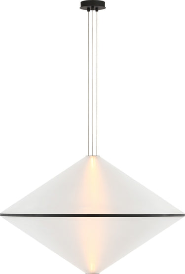 Bicono 38 Pendant by Sean Lavin in Nightshade Black, full front view of the lit pendant hanging from its three cords and canopy