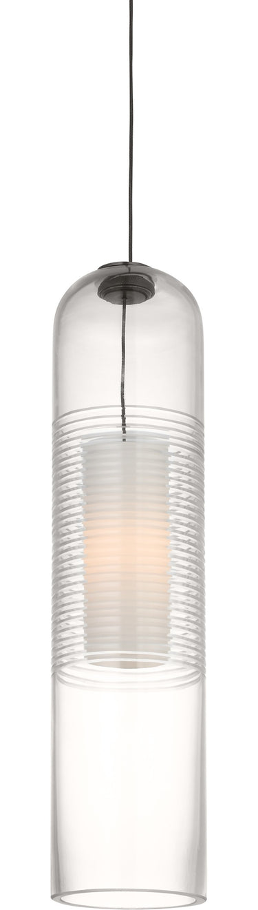 Leano 15 Pendant by Sean Lavin in Bronze, full front view of the tall ribbed glass cylinder on its cord