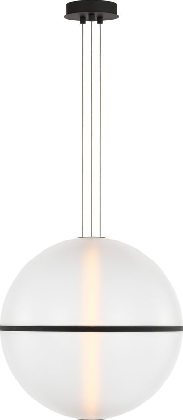Bicono Round 18 Pendant by Sean Lavin in Nightshade Black, full front view of the lit pendant hanging from its three cords and canopy