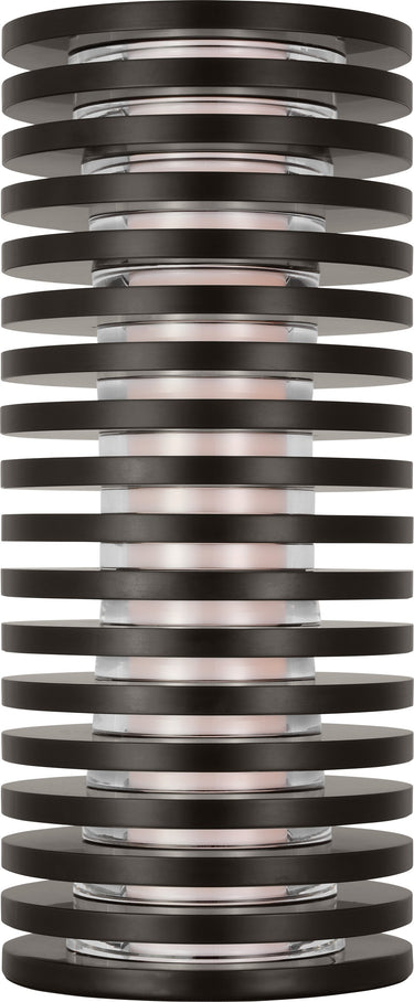 Quoddy Small table lamp in Dark Bronze, a tall cylinder of stacked thin rings with an LED glowing between them