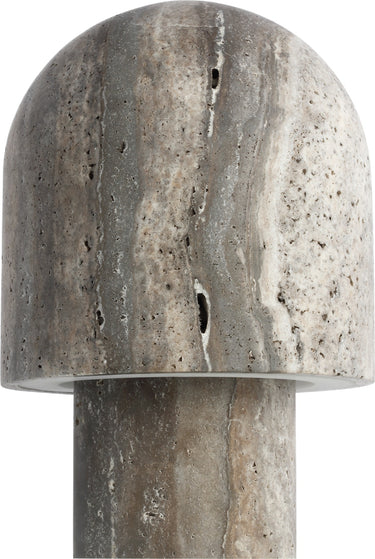 Kennett Small Travertine table lamp in Dark Travertine, a gray veined stone dome on a stone stem