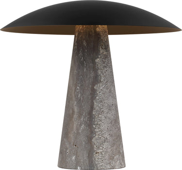Aegis Medium table lamp in Dark Bronze and Dark Travertine, a wide dark shade on a tapered gray stone base, lit