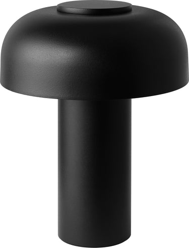 Louver 9 rechargeable table lamp in Black, angled view of the dome shade and column on white