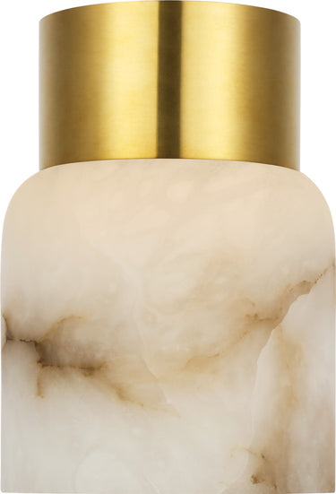 Caspe Alabaster 7 rechargeable lamp in Hand-Rubbed Antique Brass with the brass cap on top of veined alabaster