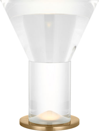 Beryl 15 inverted table lamp in Hand-Rubbed Antique Brass, a wide crystal cone on a clear column and brass base