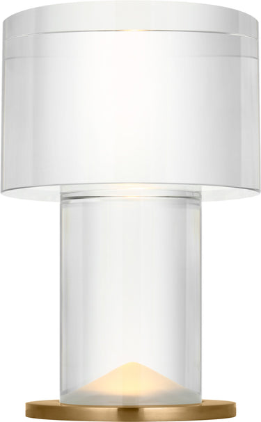 Beryl 13 cylinder table lamp in Hand-Rubbed Antique Brass, a clear crystal drum on a crystal column and brass base