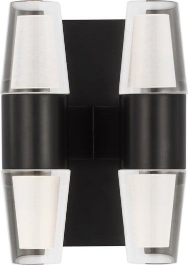Lassell Double Short Sconce by Sean Lavin in Dark Bronze, front view of the lit crystal tubes with dark bronze hardware