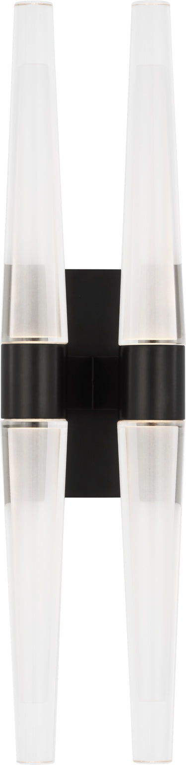 Lassell Double Tall Sconce by Sean Lavin in Dark Bronze, front view of the lit crystal tubes with dark bronze hardware