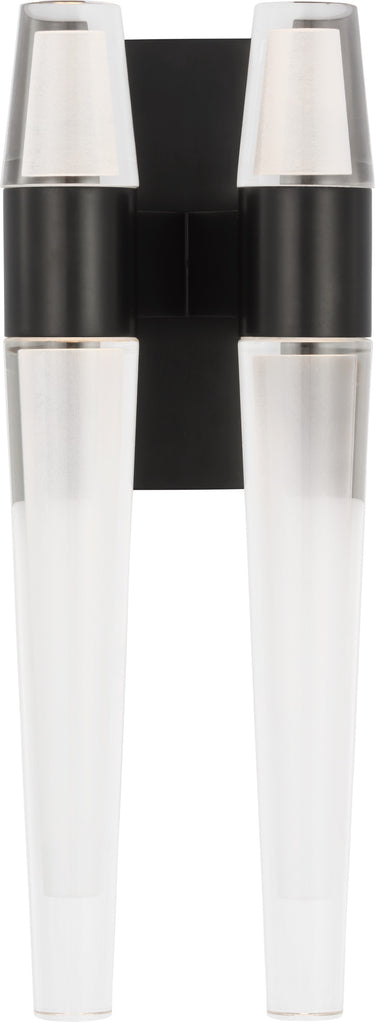 Lassell Double Sconce by Sean Lavin in Dark Bronze, front view of the lit crystal tubes with dark bronze hardware