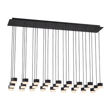 27-light alabaster linear chandelier with brass finish suspended over modern kitchen island in black finish