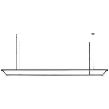 Stagger Halo 84" LED linear suspension in nightshade black over modern kitchen island with high ceilings
