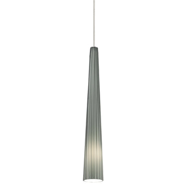 Zenith LED pendant light with ribbed smoke glass: A detailed lifestyle shot showing the sleek, modern light hanging over a kitchen island.