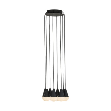 Visual Comfort Cupola 8-light modern alabaster chandelier illuminating a contemporary dining room.