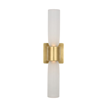 Brass Volver medium double wall sconce by Visual Comfort with brass and etched glass LED light for bedroom or hallway
