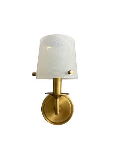 House of Troy Single brushed brass sconce with curved arm and white swirl glass