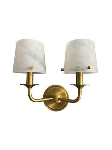 House of Troy Double brushed brass sconce with curved arm and white swirl glass