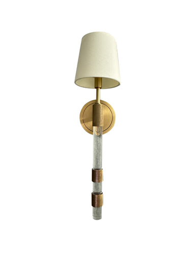 House of Troy Single brushed brass sconce with acrylic/knurled accents and fabric shade