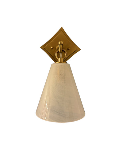 House of Troy Single brushed brass lantern sconce with white swirl glass shade