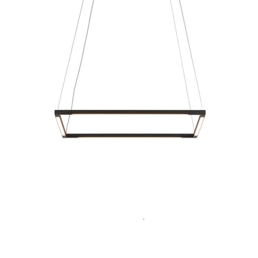 Long customizable black LED pendant floating in a contemporary minimalist hotel lobby design.