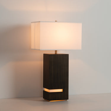 Nova of California Zen Standing Table Lamp Gilded Ebony Wood Weathered Brass White Linen Shade