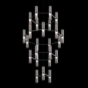 Zephyr modular glass chandelier by Artemide with clear hand-blown diffusers and black steel frame