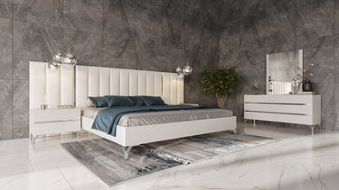 Nova Domus Angela Queen Italian White Eco Leather Bed with Nightstands & Wings