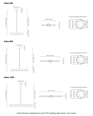 Artes Pendant Light drawings from the CTO Lighting data sheet, with dimensions in millimetres and inches