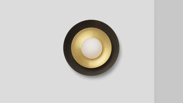Carapace wall light in bronze with a brass inner shade and opal glass globe, front view