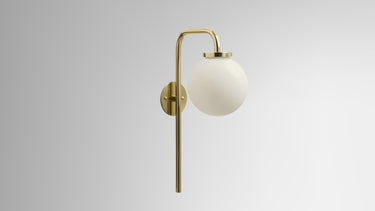 Big Bulb wall light in polished brass with a shiny opal glass globe on a curved arm, studio view