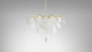Nimbus chandelier in satin brass with overlapping fritted glass discs, studio view