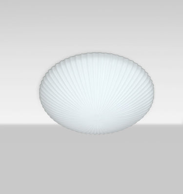 Katie 12 in Opal Matte glass, glowing from below | Besa Lighting – Besa photographs the Katie 10 in the studio and the Katie 12 lit; both sizes share the same design