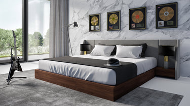 Nova Domus Janice Grey Fabric & Walnut Bed & Nightstands