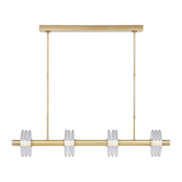 Modern linear brass chandelier with integrated LED lighting and Italian glass discs by Kelly Wearstler