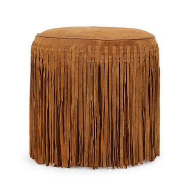 TOV Daphne Round Suede Fringe Ottoman, Cognac option, image 1