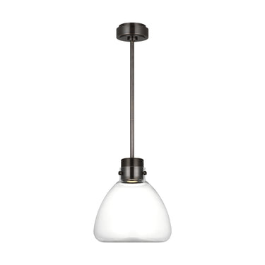 Morgan 12 inch LED pendant light with bronze finish and clear Italian glass for modern dining rooms