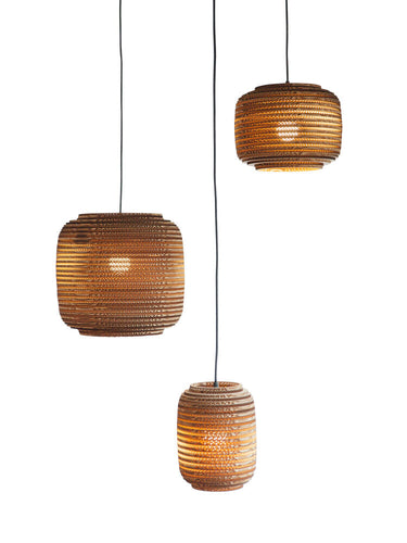 Cluster of Natural Ausi cardboard pendants hung at varied heights from one canopy, Graypants Scraplights