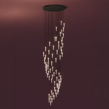 Graypants Loci Swirl LED chandelier with black canopy, studio view