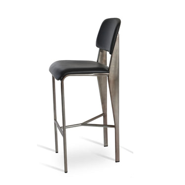 Prouvé black industrial bar stool with supportive backrest and modern gunmetal metal legs