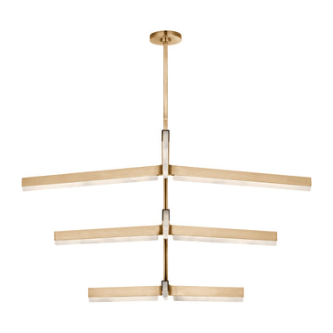 Kelly Wearstler Linea 56-inch tiered chandelier with glowing alabaster shades in a modern dining room.