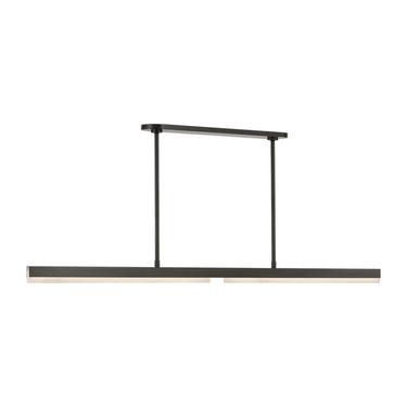 Linea 60-inch LED linear chandelier in bronze finish with natural alabaster shades, ideal for modern dining rooms.